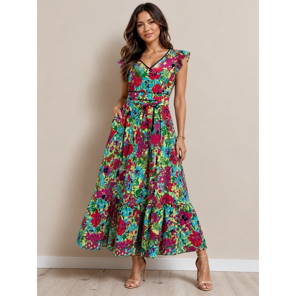 ModCloth Floral Maxi Dress M Bright Multicolor V Neck Belted Boho‎ Long